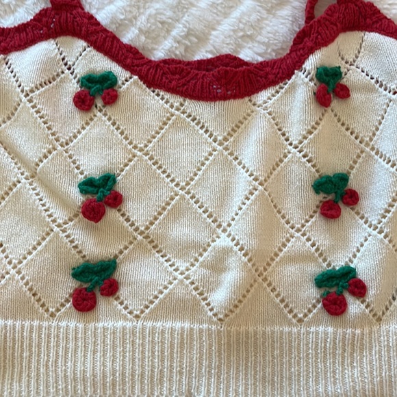 Never worn Cream Sweater tank top with embroidered cherries - Picture 5 of 5